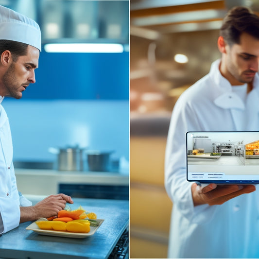 A split-screen image featuring a clean, modern kitchen with a chef in a white coat holding a tablet, and a blurred background of a factory with food production machinery.
