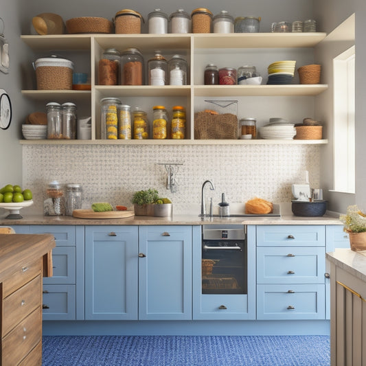 A bright, modern kitchen with a sleek island featuring a built-in lazy Susan, adjacent to a pantry with labeled baskets, and a pegboard with hanging spice jars and utensils.