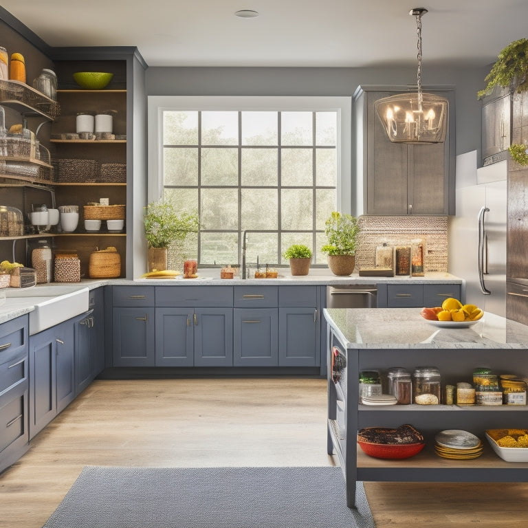 A bright, modern kitchen with a sleek island, featuring a built-in spice rack, a utensil organizer, and a pull-out pantry with labeled baskets, surrounded by countertops and appliances.