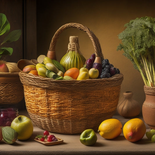 A vibrant illustration depicting a variety of fruits and vegetables arranged in a woven basket, surrounded by clay pots, glass jars, and natural fibers, set against a warm, earthy background.