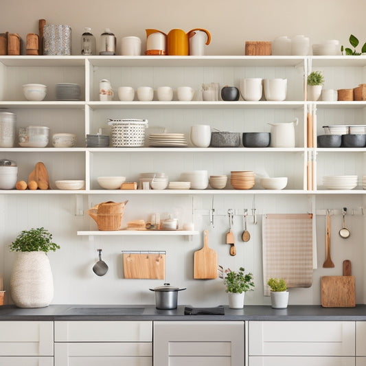 A tidy, minimalist kitchen with sleek, white cabinets, a compact island, and a wall-mounted pegboard, showcasing a perfectly organized space with pots, utensils, and cookbooks neatly arranged.