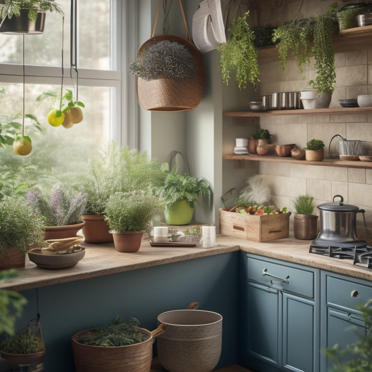 A cozy apartment kitchen featuring a stylish, affordable hanging pot rack adorned with various pots and pans, surrounded by vibrant herbs in small pots, warm wood cabinetry, and soft ambient lighting.