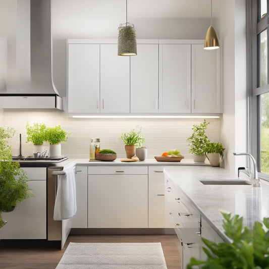 A sleek kitchen featuring warm under-cabinet LED lights illuminating glossy white countertops, vibrant herbs in pots, and modern appliances, enhancing a spacious ambiance with shadows creating depth and inviting warmth.