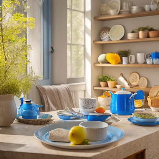 A spacious kitchen setting featuring a high-capacity dish drainer overflowing with clean dishes, vibrant ceramic plates, colorful mugs, and large pots, surrounded by a warm atmosphere of family-friendly decor and sunlight streaming through a window.