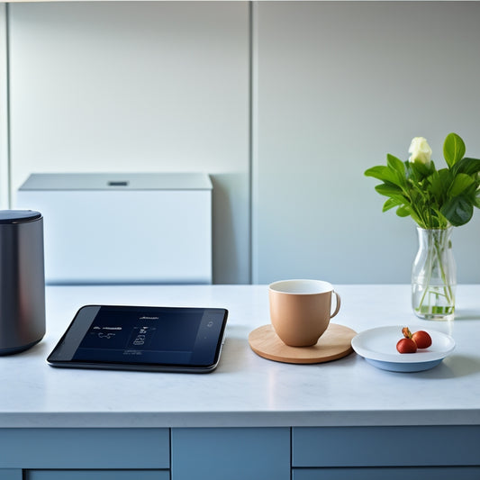 A modern, sleek kitchen counter with a single, gleaming tablet, a wireless charging pad, and a few strategically placed, minimalist kitchen gadgets, surrounded by ample negative space.
