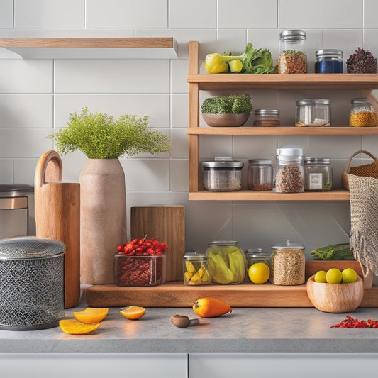 A stylish kitchen countertop featuring elegant storage solutions: a tiered spice rack, decorative canisters, a wooden fruit bowl, and a sleek utensil holder, all surrounded by vibrant herbs and fresh vegetables, highlighting functionality and aesthetics.