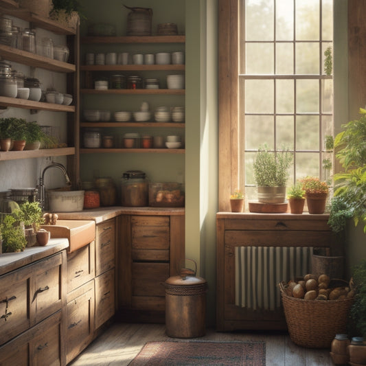 A cozy small kitchen featuring a stylish freestanding pantry unit, with rustic wood shelves filled with colorful jars and cans, surrounded by potted herbs, a vintage scale, and warm sunlight streaming through a window.