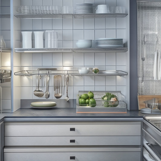 A sleek, modern kitchen with a stylish dish drainer rack inside a cabinet, showcasing neatly arranged plates, glasses, and utensils. Soft lighting highlights the organization and functionality, emphasizing a clean and clutter-free aesthetic.
