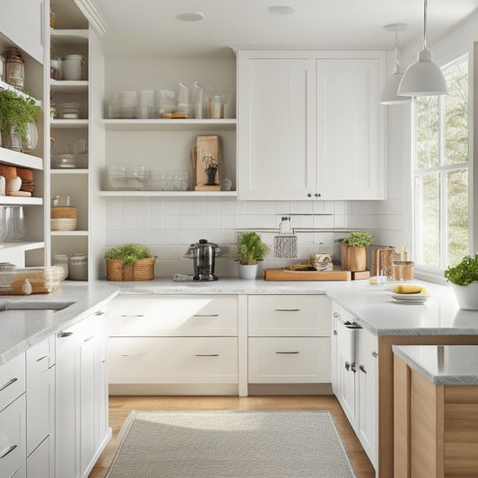 A bright, modern kitchen with sleek white cabinets, featuring a custom organizer system with pull-out drawers, adjustable shelves, and a spice rack, surrounded by warm, natural light.