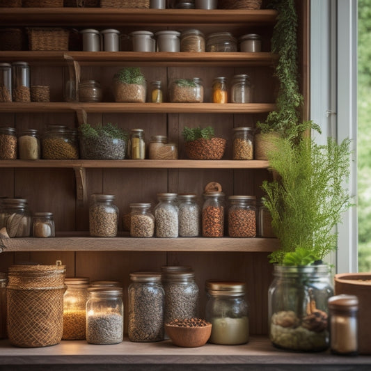 A serene, well-organized pantry with Mason jars filled with grains, beans, and spices on wooden shelves, surrounded by lush greenery and soft, warm lighting, evoking a sense of abundance and preparedness.