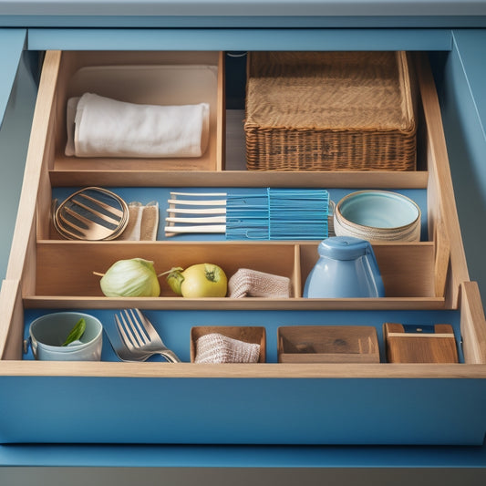 An organized small kitchen drawer with a wooden divider, containing a stack of neatly arranged plates, a utensil organizer with a garlic press, and a small basket holding a few kitchen towels.