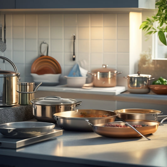 A tidy kitchen countertop with a stainless steel pull-out drawer containing a neatly stacked array of large frying pans in graduated sizes, with a subtle warm lighting effect.