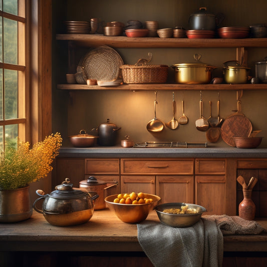 A cozy kitchen scene with a built-in ladder bookshelf holding vintage cookbooks, surrounded by rustic wooden utensils, copper pots, and a few decorative vases, with warm golden lighting.
