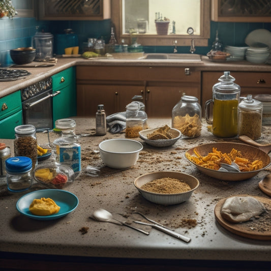 A cluttered kitchen counter with piles of dirty dishes, expired food containers, and scattered utensils, surrounded by a worn-out kitchen mat and a few stray crumbs on the floor.