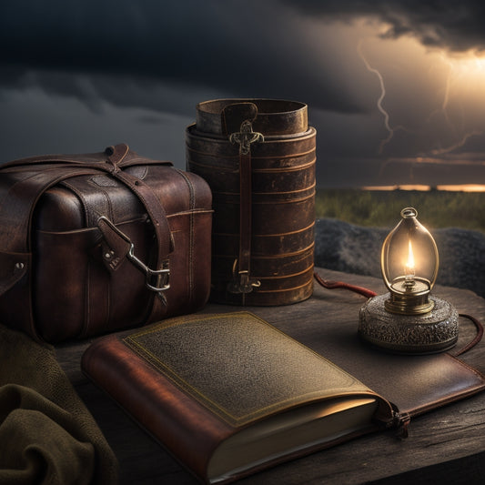 A worn, leather-bound book with a metal clasps, surrounded by a compass, a flashlight, a first aid kit, and a pocket knife, set against a dramatic, stormy sky with lightning in the background.