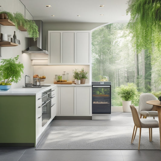 A bright, modern kitchen with sleek, handleless cabinets, a large, walk-in pantry with adjustable shelves, and a pull-out trash can, surrounded by natural light and lush greenery.