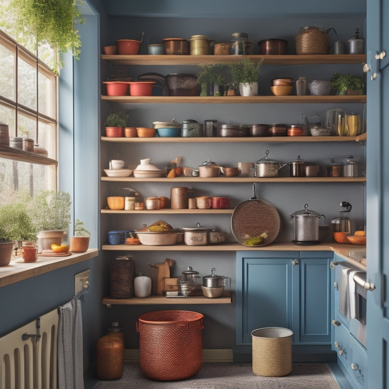 A cozy small kitchen featuring sleek vertical shelves filled with colorful jars, pots, and pans, a hanging pot rack, wall-mounted spice racks, and a tall slim pantry, all bathed in warm, inviting light.