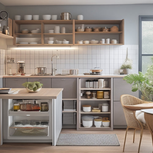 A compact kitchen featuring innovative storage solutions: pull-out shelves, magnetic spice racks, vertical pot organizers, and a foldable dining table, all bathed in warm, inviting lighting, highlighting functionality and modern design.