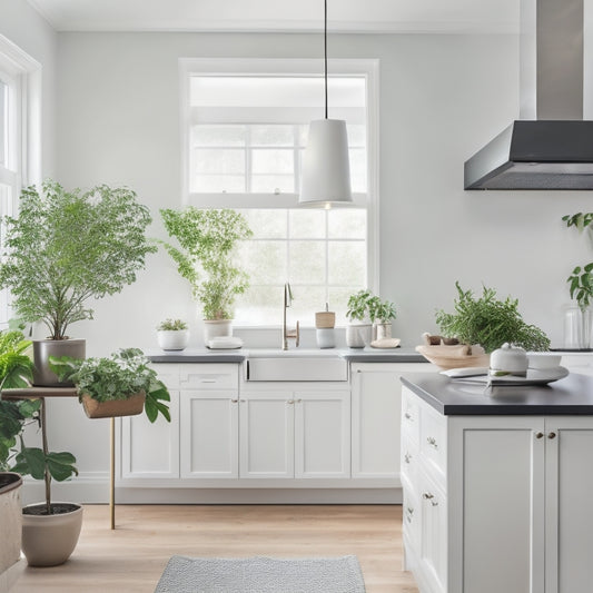 A serene, light-filled kitchen with crisp white cabinets, minimalist pendant lights, and a sparse arrangement of potted greenery on a sleek, black countertop, against a backdrop of creamy white walls and polished hardwood floors.