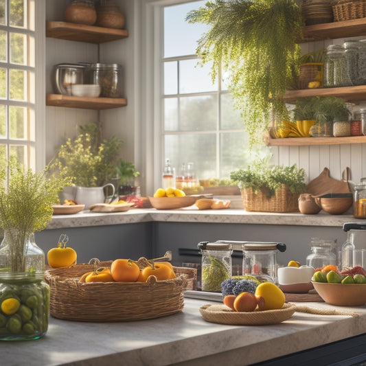 A sunlit kitchen featuring a sleek, wooden tiered rack filled with colorful fruits, spices in glass jars, and neatly arranged kitchen utensils, surrounded by fresh herbs and a cozy, inviting atmosphere.