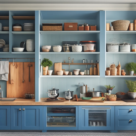 A beautifully organized kitchen cabinet with adjustable shelf inserts, showcasing various sizes of pots, pans, and containers. The shelving is staggered, maximizing space and demonstrating functionality in an otherwise awkward area.
