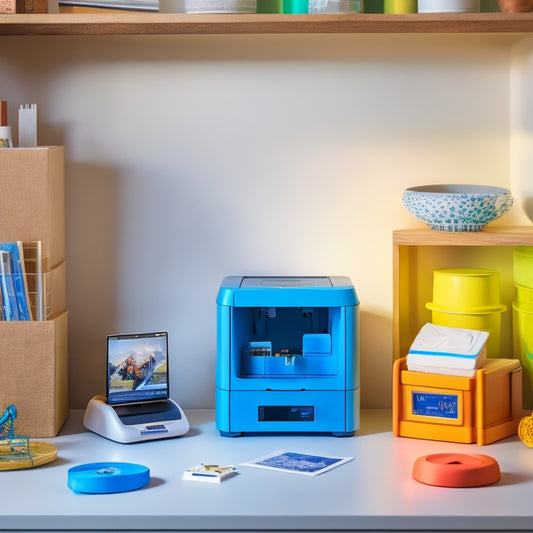 A colorful, clutter-free workspace with a Toybox 3D printer as the centerpiece, surrounded by various printed objects, tools, and materials, with a subtle glow emanating from the printer's LCD screen.