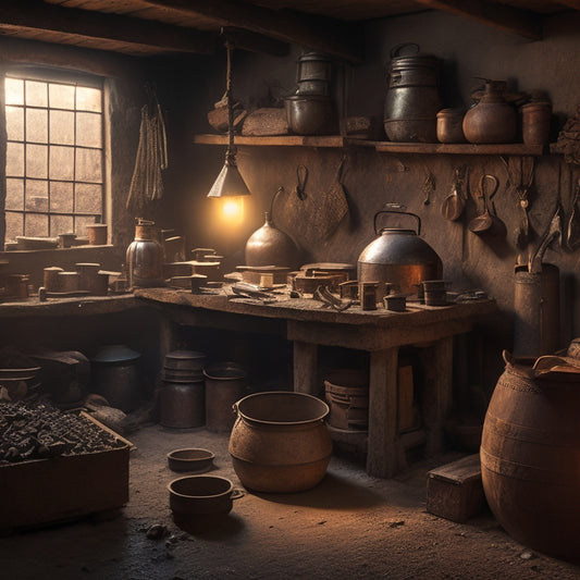 A warm, golden light illuminates a cluttered workshop, with a smelting furnace at its center, surrounded by piles of ore, ingots, and half-crafted tools, amidst a backdrop of rustic wooden planks and stone walls.
