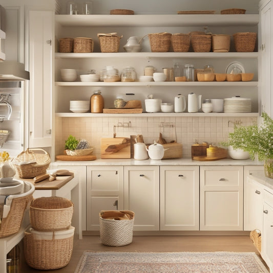 A tidy kitchen cabinet interior with soft, warm lighting, featuring organized cookware, utensils, and spices on adjustable shelves and in wicker baskets, surrounded by clean, cream-colored walls and minimal hardware.