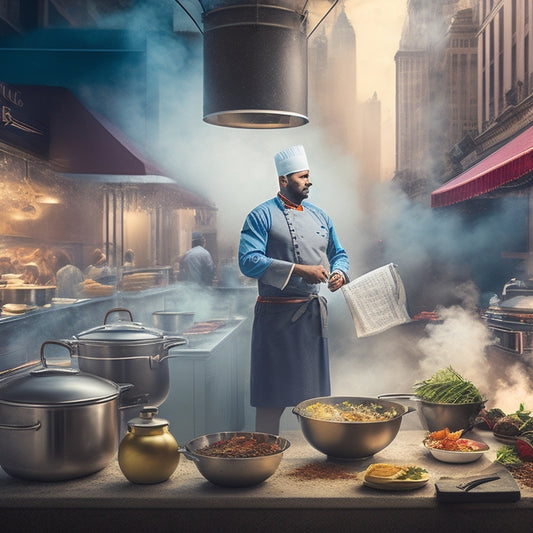 A vibrant illustration of a chef confidently standing in front of a bustling shared kitchen, surrounded by steaming pots, utensils, and a cityscape in the background, with a subtle hint of a newspaper in the corner.