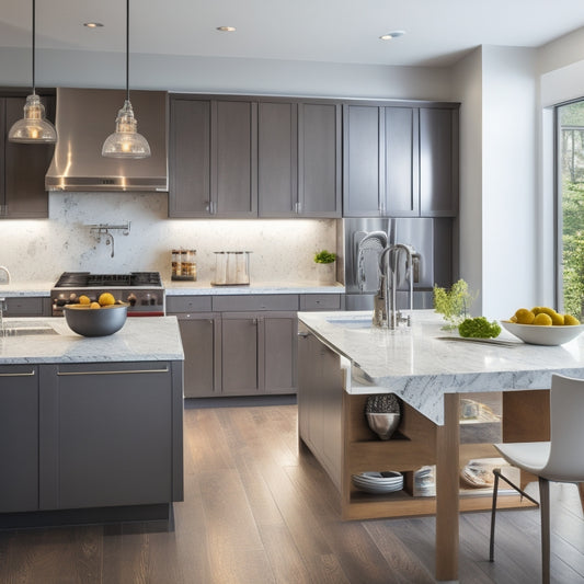 A modern, sleek kitchen with a central island, stainless steel appliances, and ample counter space, featuring a cookbook stand, utensil organizers, and a pot filler faucet, with a subtle warm glow.