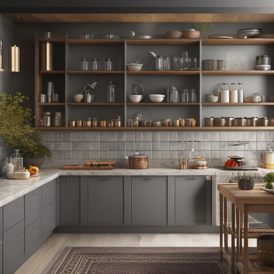 A sleek modular kitchen showcasing elegant tiered racks, filled with organized spices, utensils, and dishware. Warm wooden tones, soft lighting, and modern appliances create a harmonious, functional cooking space.