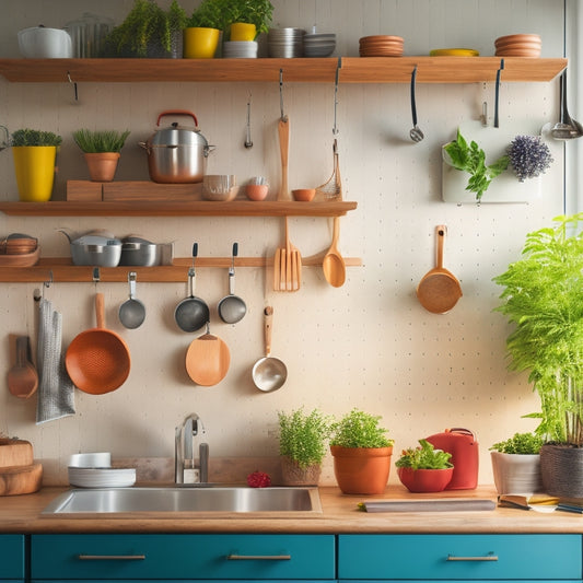 A bright, modern kitchen featuring a wooden pegboard mounted on a wall, showcasing neatly hung pots and pans in varying sizes, complemented by colorful kitchen utensils and plants, with sunlight streaming through a nearby window.