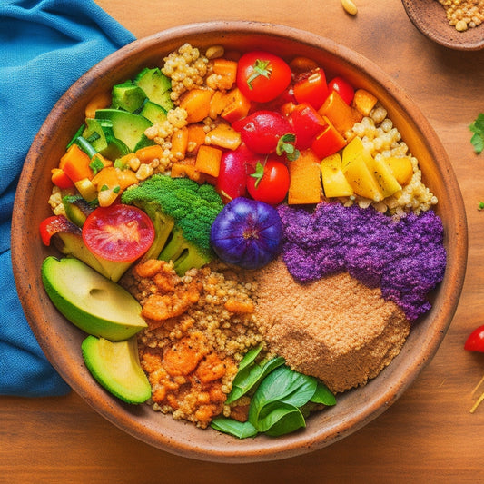 A vibrant, overhead shot of a colorful, overflowing vegan bowl, with a variety of textures and ingredients, such as quinoa, roasted vegetables, and avocado, on a natural wood background.