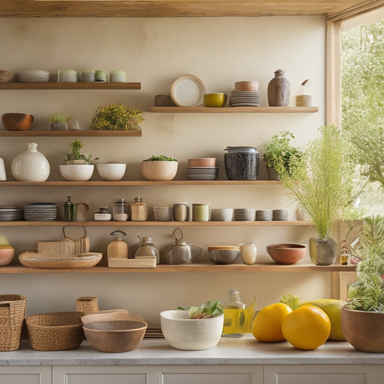 A beautifully organized open shelving kitchen, featuring rustic wooden shelves adorned with vibrant ceramic jars, fresh herbs in stylish pots, a sleek knife block, and an artistic fruit bowl, all bathed in warm natural light.