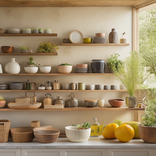 A beautifully organized open shelving kitchen, featuring rustic wooden shelves adorned with vibrant ceramic jars, fresh herbs in stylish pots, a sleek knife block, and an artistic fruit bowl, all bathed in warm natural light.