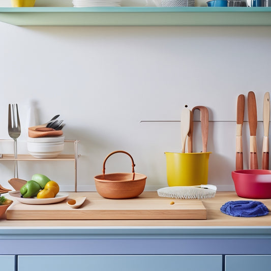 A sleek kitchen scene showcasing a wooden roll-out tray filled with colorful utensils, neatly arranged. Brightly colored spatulas, whisks, and measuring spoons contrast with a minimalist white cabinetry backdrop. Soft, natural light filters in.