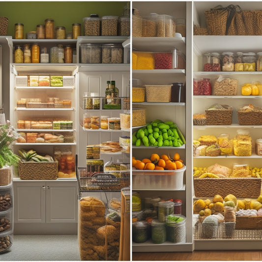 A split-screen image featuring a cluttered pantry with expired food and a tidy pantry with organized, labeled containers and fresh produce, illuminated by a warm, natural light.
