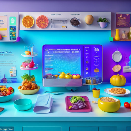 A colorful, modern illustration featuring a virtual kitchen with interactive elements, including clickable utensils, hover-over food items, and a touchscreen menu board, surrounded by subtle hints of food safety icons.