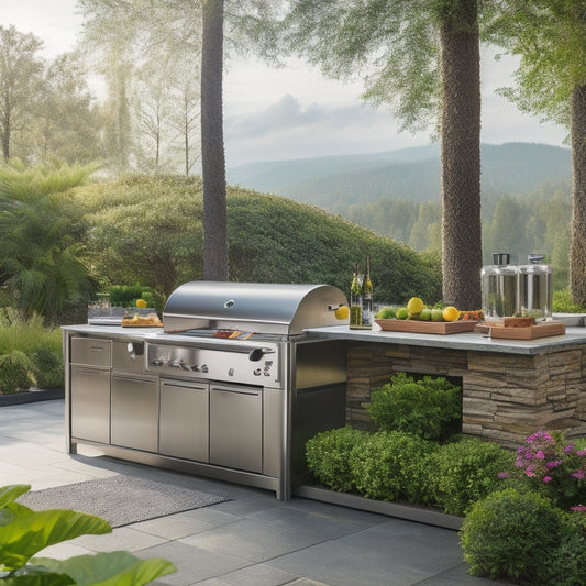 A sleek, modern outdoor kitchen setup with XOGRILL36 at its center, surrounded by lush greenery, gleaming stainless steel countertops, and a few strategically placed utensils and aprons.