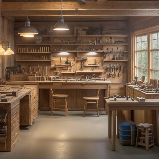 A clutter-free woodworking shop with a large, well-lit workbench in the center, surrounded by organized toolboxes, shelves stocked with various woods, and a few half-finished projects on easels.