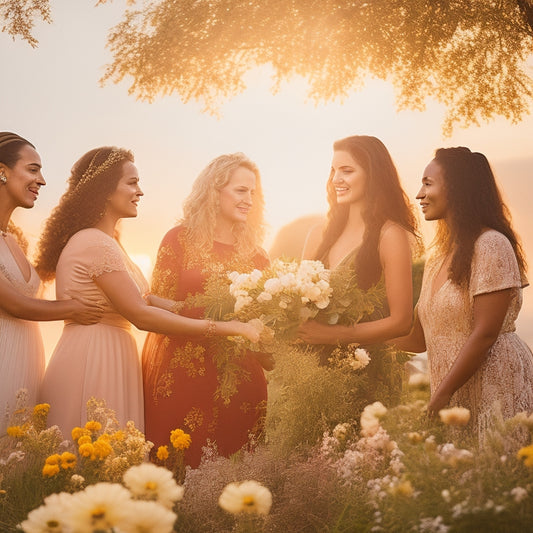 A warm, golden light illuminates a circle of diverse women, hands clasped, standing amidst blooming flowers and intertwined vines, symbolizing unity, growth, and empowerment.