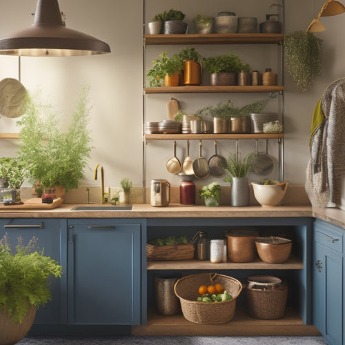 A cozy rented kitchen featuring stylish countertop storage solutions: sleek wooden racks, colorful ceramic jars, and hanging metal baskets filled with fresh herbs, all surrounded by warm lighting and vibrant kitchen decor.