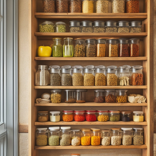 A sleek over-the-door spice rack filled with colorful spice jars, organized by size, showcasing vibrant labels, hanging herbs in small mesh bags, and a cozy kitchen backdrop with warm lighting and wooden accents.