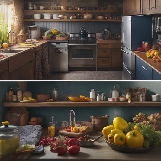 A split-screen image featuring a dirty, cluttered kitchen on one side, with expired food and dirty utensils scattered around, and a clean, organized kitchen on the other, with fresh produce and sparkling appliances.