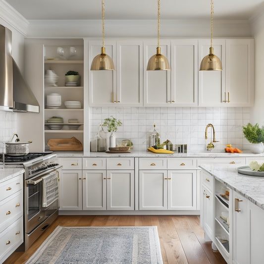 A serene, well-lit kitchen with sleek, white cabinetry, a large island with built-in utensil organizers, and a few, carefully selected decorative pieces on open shelving, surrounded by ample negative space.