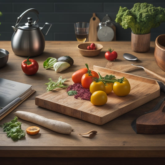 A warm and inviting kitchen scene: a wooden cutting board with a chef's knife, a few fresh vegetables, and a cookbook open to a recipe page, surrounded by stylish kitchen utensils and appliances.