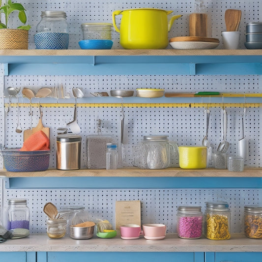 A colorful and clutter-free kitchen with open shelves, a utensil organizer made from a repurposed mason jar, and a DIY pegboard with hooks holding various kitchen tools and gadgets.