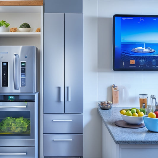 A clean, modern kitchen with a utensil organizer on the counter, a tablet mounted on the wall displaying a digital recipe, and a smart refrigerator with a touch screen in the background.