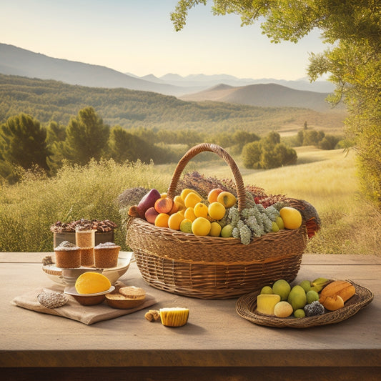 A warm and inviting image featuring a rustic wooden table with a woven basket overflowing with fresh fruits and baked goods, surrounded by lush greenery and a blurred California landscape.
