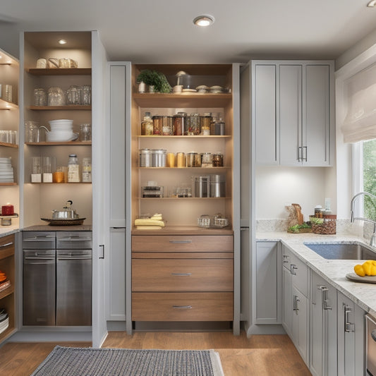 A bright, modern kitchen with sleek cabinetry, featuring a custom pantry with adjustable shelves, chrome drawer pulls, and a built-in spice rack, illuminated by soft, warm overhead lighting.